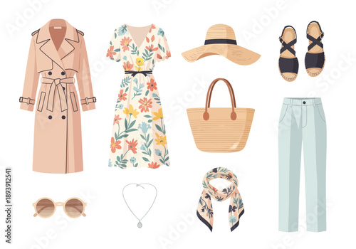 Women's spring and summer fashion collection with trench coat, floral dress, sandals, hat, scarf, sunglasses, trousers, handbag, and necklace for casual and stylish looks