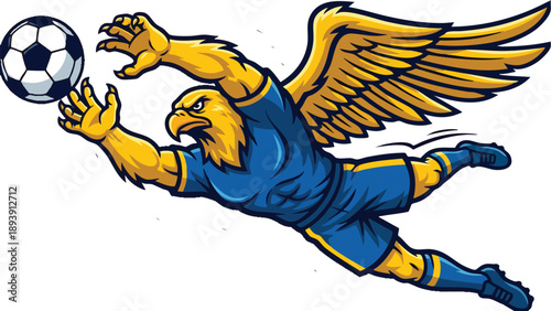Golden Eagle Goalkeeper Soccer Mascot Vector Illustration, Powerful Flying Eagle Saving Football, Premium Sports Logo Design