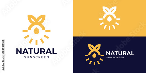 Creative simple natural sunscreen logo template. Abstract fruit leaf with sun logo design vector illustration.