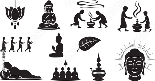 Silhouettes of Buddha Lotus and People in Meditation