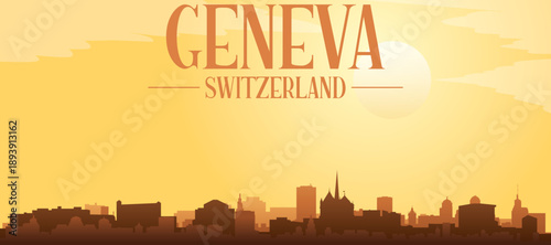 Golden yellow panoramic poster of the city skyline with misty background buildings and clouds of GENEVA, SWITZERLAND