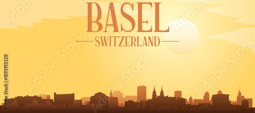 Golden yellow panoramic poster of the city skyline with misty background buildings and clouds of BASEL, SWITZERLAND