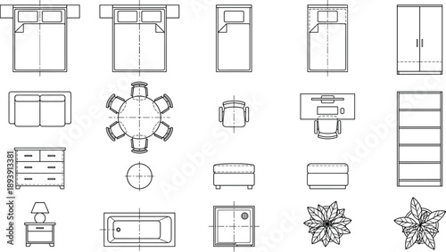 Bedroom furniture floor plan top view vector set, bed wardrobe desk chair icons, interior design blueprint elements collection