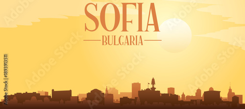 Golden yellow panoramic poster of the city skyline with misty background buildings and clouds of SOFIA, BULGARIA
