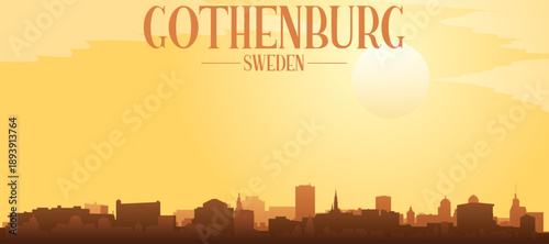 Golden yellow panoramic poster of the city skyline with misty background buildings and clouds of GOTHENBURG, SWEDEN