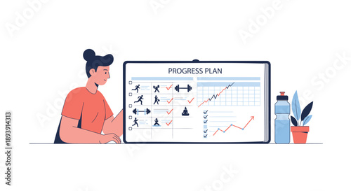 Vector illustration of businesswoman planning progress on whiteboard