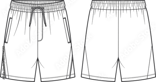 Front and back view of black athletic shorts with drawstring and pockets sport shorts workout shorts