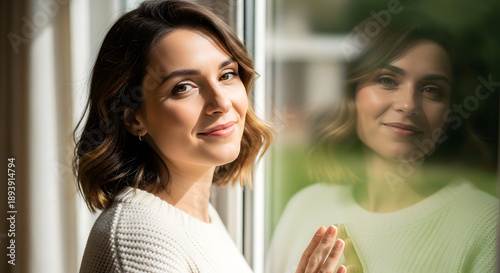 Title: Woman Portrait by Window with Reflection — Peaceful Indoor Moment
