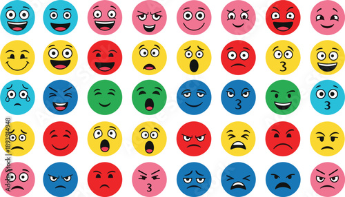 Grid of colorful cartoon emoji faces expressing various emotions Keywords: emoji, faces, expressions, emotions, happy, sad