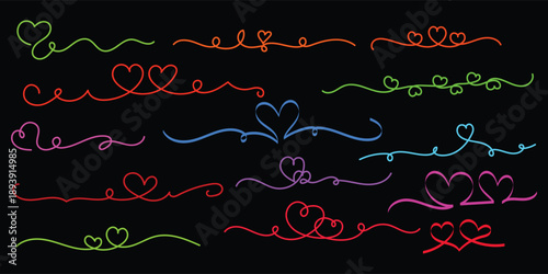 colorful heart divider line set romantic decorative vector elements, hand drawn heart line separators on black background, love themed curly line dividers modern set
