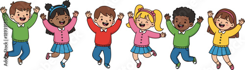 Happy Diverse Cartoon Children Jumping with Arms Raised on White Background kids boys