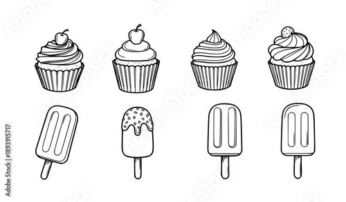 Hand drawn sweet dessert outline illustration set cupcakes popsicles