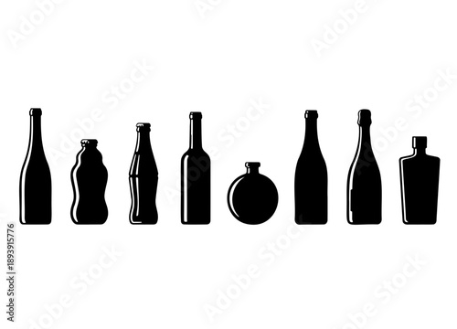 Black silhouette bottle icons for beverage menu design