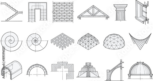 Architectural construction elements icon set, stairs arches domes columns structures, technical line drawings, engineering symbols collection for design projects