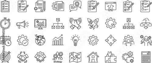 Project management and business planning line icon set with checklist strategy workflow teamwork and productivity symbols tools process success organization