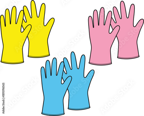 Pairs of Yellow, Pink, and Blue Rubber Gloves on White Background cleaning gloves household gloves
