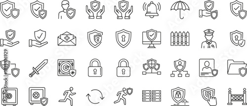 Security protection line icons set, insurance, safety, shield, guard, access control, privacy, defense, secure system, vector illustration