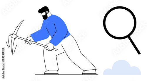 Man striking with a pickaxe symbolizes data mining and exploration. Large magnifying glass emphasizes discovery, search, and innovation. Ideal for research, analytics, science, investigation