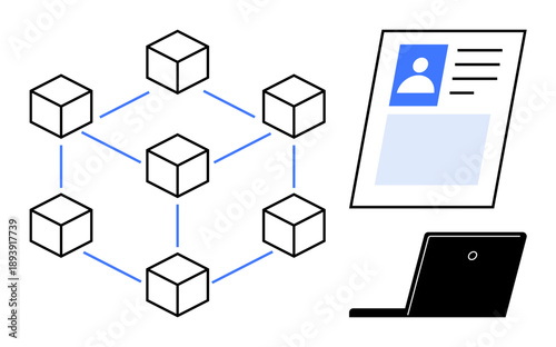 Blockchain technology. Blockchain with connected nodes alongside identity verification and computer for secure digital transactions. Blockchain ensures transparency and secure data handling. Use