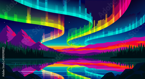 Vibrant Vector Illustration of Northern Lights Over a Reflective Mountain Lake at Night, a Colorful and Dynamic Nature Landscape Graphic