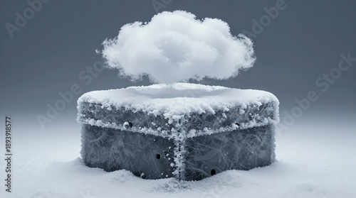 A frosty cube with snow and an icy cloud on top outside