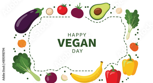 Happy Vegan Day card featuring a decorative frame made of fresh, healthy vegetables and fruits like tomatoes, avocado, and bananas.