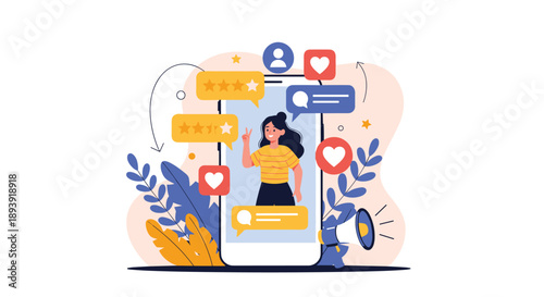 Social media influencer marketing concept with a woman on a phone screen, surrounded by likes, star ratings, and comments.