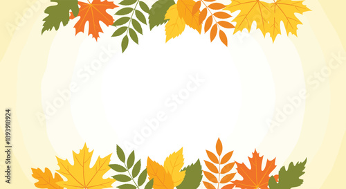 Autumn background with a decorative border of colorful fall leaves at the top and bottom, with ample copy space in the center.