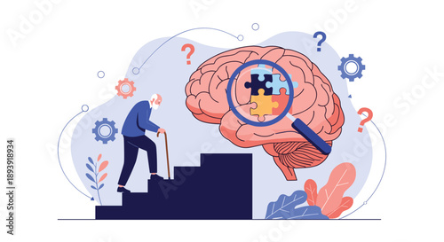 Medical concept of memory loss and Alzheimer's disease, showing an elderly man and a brain with a missing puzzle piece.