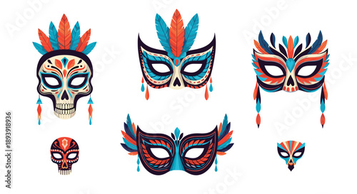 Colorful collection of ornate carnival masks, including sugar skulls for Dia de los Muertos and feathered masquerade designs.