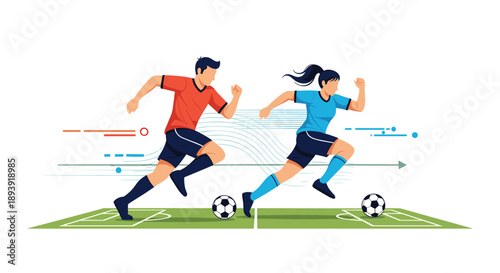 Male and female soccer players running and dribbling balls on the field, competing in a dynamic and energetic football match.