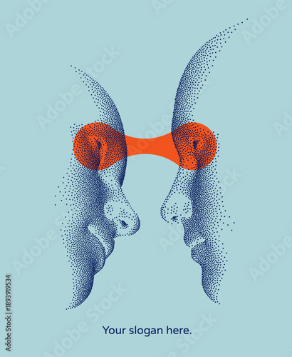 Communicating people. Visual contact. People talk face to face. Concept of artificial intelligence, reading or copying data, mental communication. Telepathy. 3D vector for cover, presentation, etc.