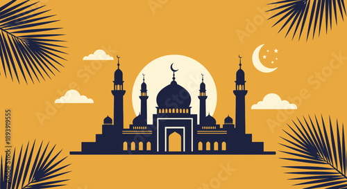Islamic mosque silhouette at sunset with palm trees and crescent moon