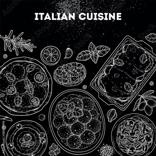 Italian cuisine. Italian food top view. Vector drawing illustration. Set of sketches of Italian dishes. Food menu design template. Not AI generated.
