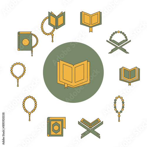 Islamic prayer beads and holy book symbols in green and gold