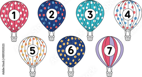 Seven colorful hot air balloons with numbers one through seven on a white background airship flight
