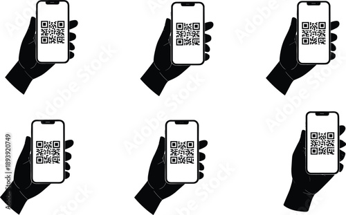 Silhouettes of hands holding smartphones displaying QR codes Keywords: qr code, smartphone, mobile phone, hand, holding