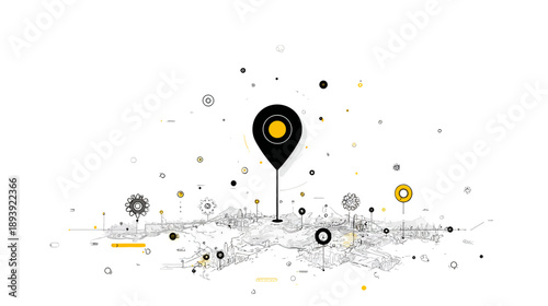 Digital city map with prominent location pin and abstract data points, representing navigation, smart city, and connectivity