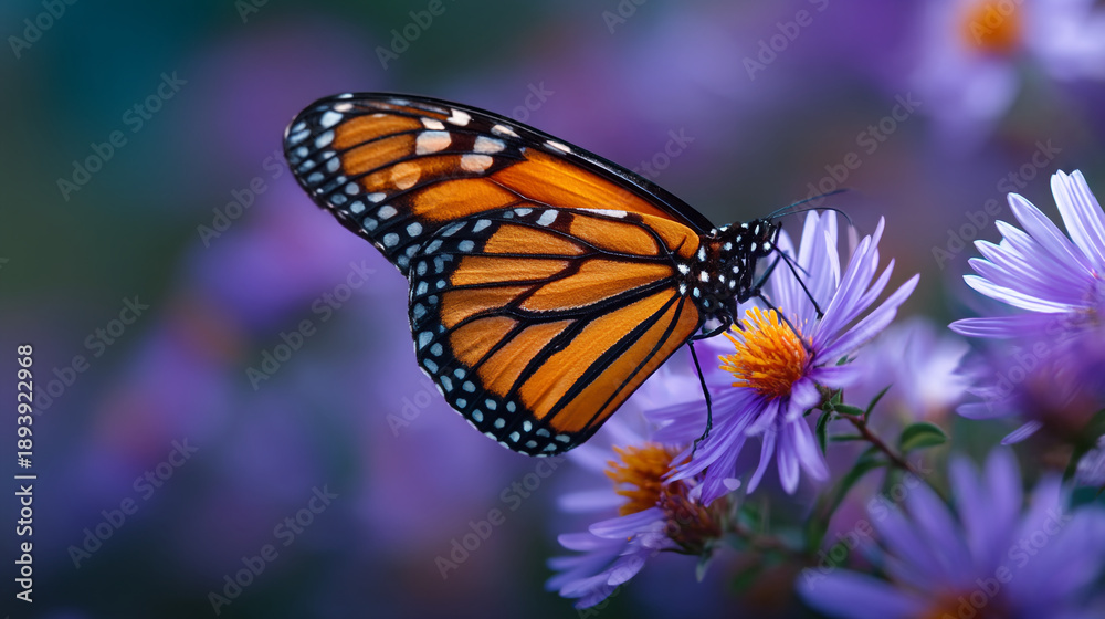 Obraz premium Close-up side profile of a Monarch butterfly with striking orange and black wings on a vibrant purple flower.