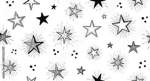 Hand drawn stars set, black sketch night sky sparkles, magic space elements collection, christmas decoration symbols, isolated vector illustration