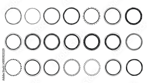 Diverse collection of black circular stamp borders with various textures including dotted, dashed, and grungy styles for creative design projects.