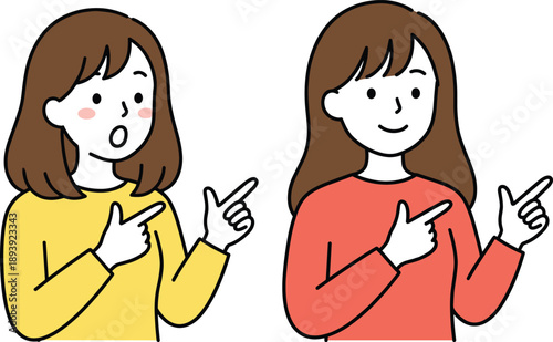 Two women pointing gesture illustration, direction indication concept, choice and recommendation idea, cute female cartoon vector design