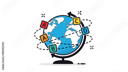 Colorful illustration of a world globe with letter blocks representing education, international languages, and global learning.