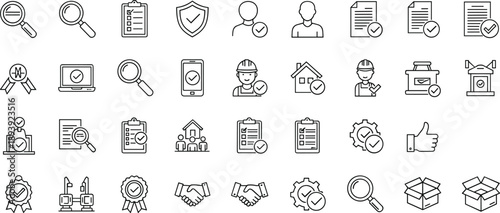 Verification approval line icons set, quality assurance trust check validation security outline vector symbols collection business service