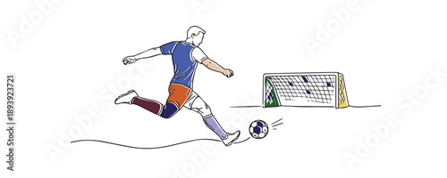 Line art illustration of a soccer player kicking the ball toward the goal. Hand drawn continuous line representing football attack, scoring action, speed, and competition.