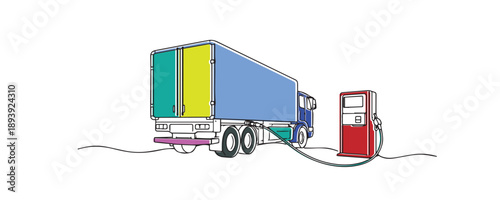 Line art illustration of a cargo truck refueling at a gas station. Hand drawn continuous line representing logistics transport, fuel supply, heavy vehicle operation, and industry.