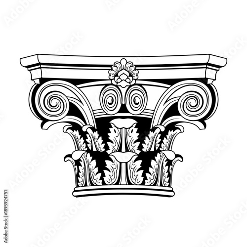 Detailed classical Corinthian column capital illustration with acanthus leaves and volutes. Ancient architecture vector design element.