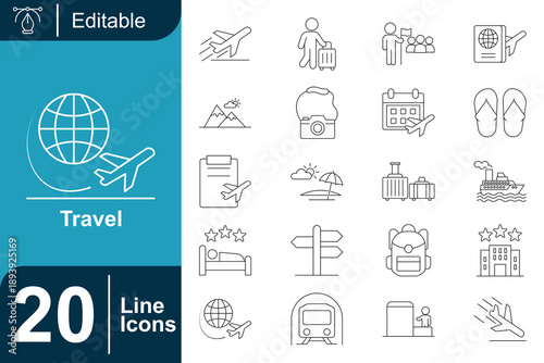 Travel icons set, representing vacation and leisure activities, including transportation, accommodation, and destinations for trip planning