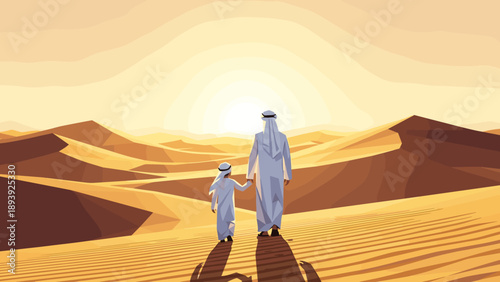 Father and son strolling through desert landscape at sunset