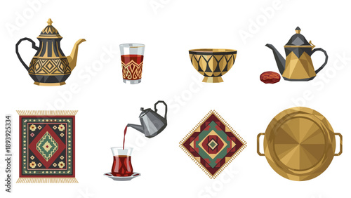 Traditional middle eastern tea set and rugs with geometric patterns